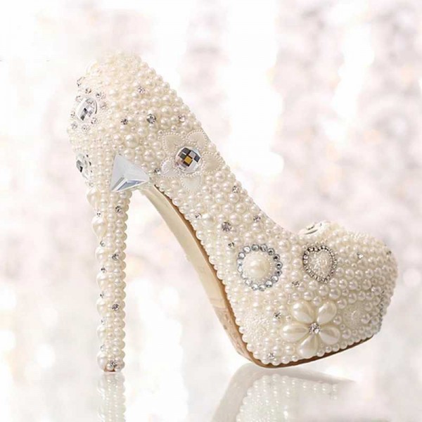 2019 new pearl rhinestone waterproof platform white bride crystal super high heel wedding shoes single shoes adult gift shoes