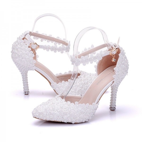 2021 spring pointed stiletto high heel bridal wedding shoes lace pearl banquet dress sandals adult gift large size women's shoes