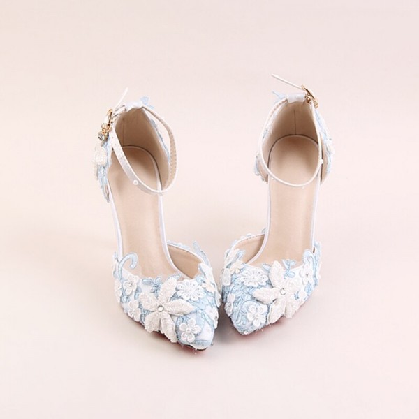 Blue lace flower bridal shoes white pearl rhinestone wedding shoes pointed stiletto super high heel dress female sandals