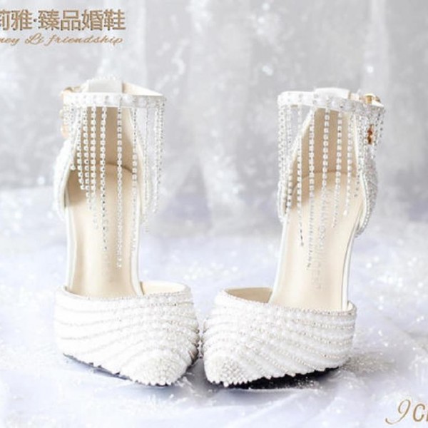 Crystal fringed wristband wedding shoes white pearl bridal shoes pointed fine with wedding photos 2019 summer new sandals women