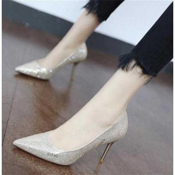 High heels 2020 autumn new all-match black pointed shallow mouth rhinestone stiletto single shoes fashion work women's shoes