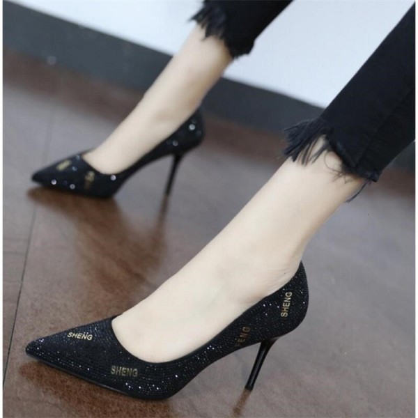 High heels 2020 autumn new all-match black pointed shallow mouth rhinestone stiletto single shoes fashion work women's shoes