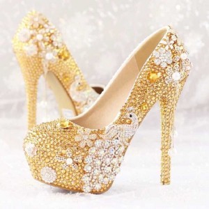 New gold rhinestone flower bridal shoes phoenix pearl tassel pendant single shoes super high heel waterproof platform shoes