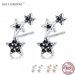 SILVERHOO Cuff Earrings Authentic 925 Sterling Silver CZ Exquisite Stackable Star Earrings for Women Jewelry Valentine's Gift