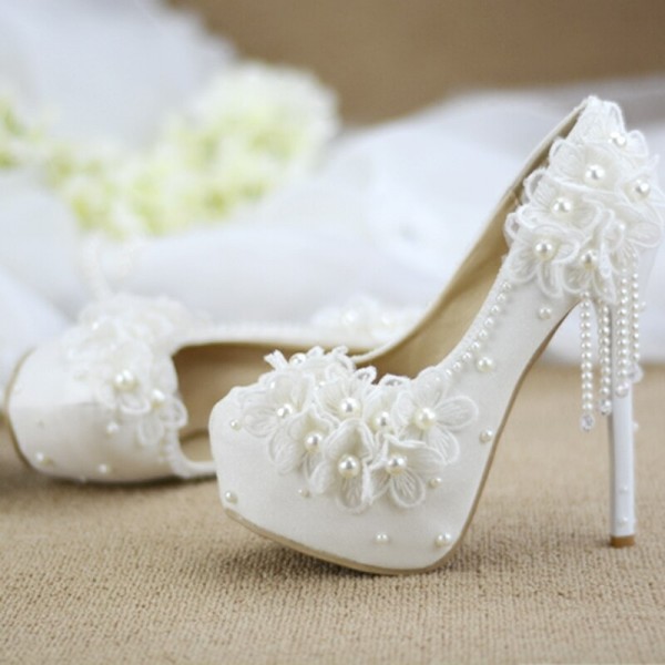 Wedding shoes white wedding dress princess lace photo high heels female rhinestones tassels with large size single shoes